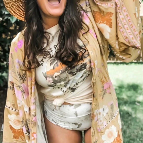 Boho Floral Tropical Print Belted Kimono Cover up - Picture 5 of 13